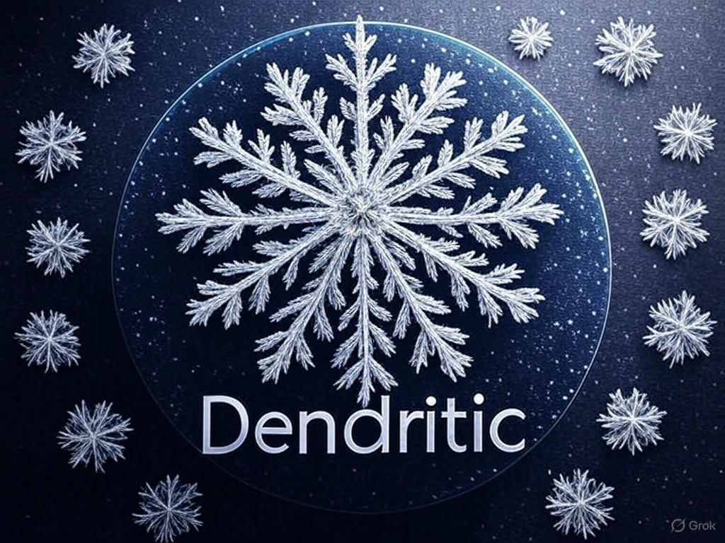 Dendritic snowflake graphic on a dark background